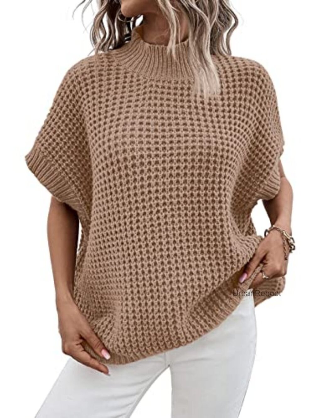 Oversized Mock Neck Batwing Short Sleeve Knit Sweater Vest Sleeveless Pullover